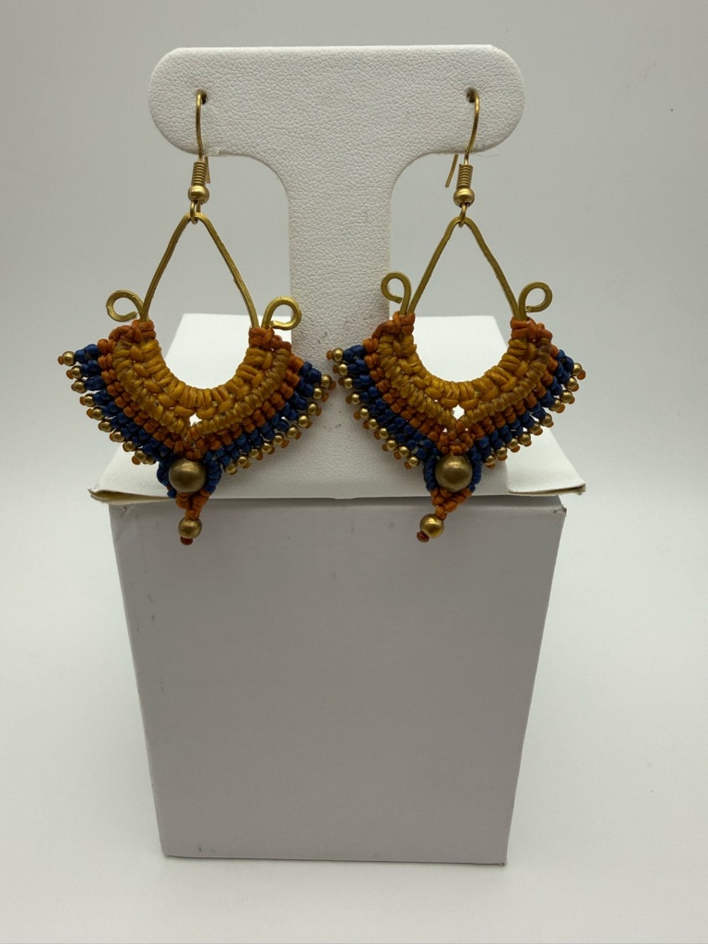 Handwoven Mustard & Navy Beaded Drop Earrings - Unbranded
